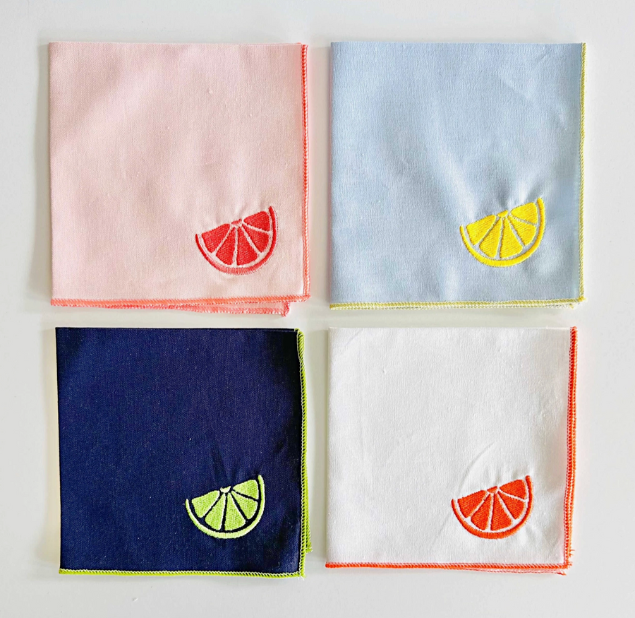Citrus Embroidered Cocktail Napkins, Set of Four