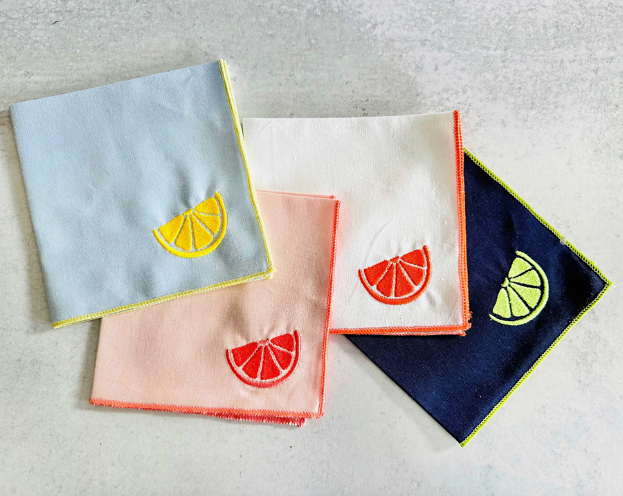 Citrus Embroidered Cocktail Napkins, Set of Four