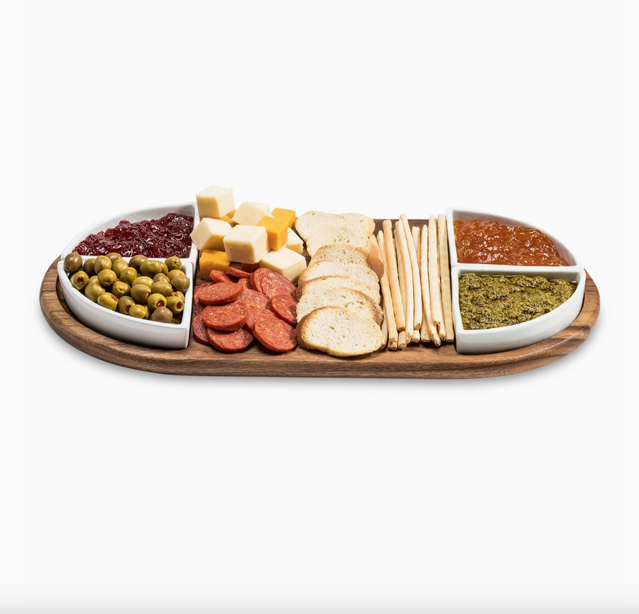 Charcuterie/Serving Tray with 4 Ceramic Dishes