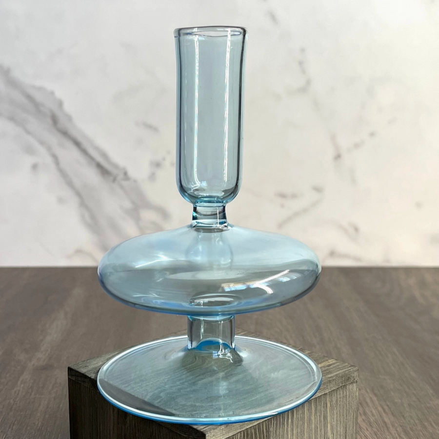 Handblown Trumpetin Candle Holder, Light Blue