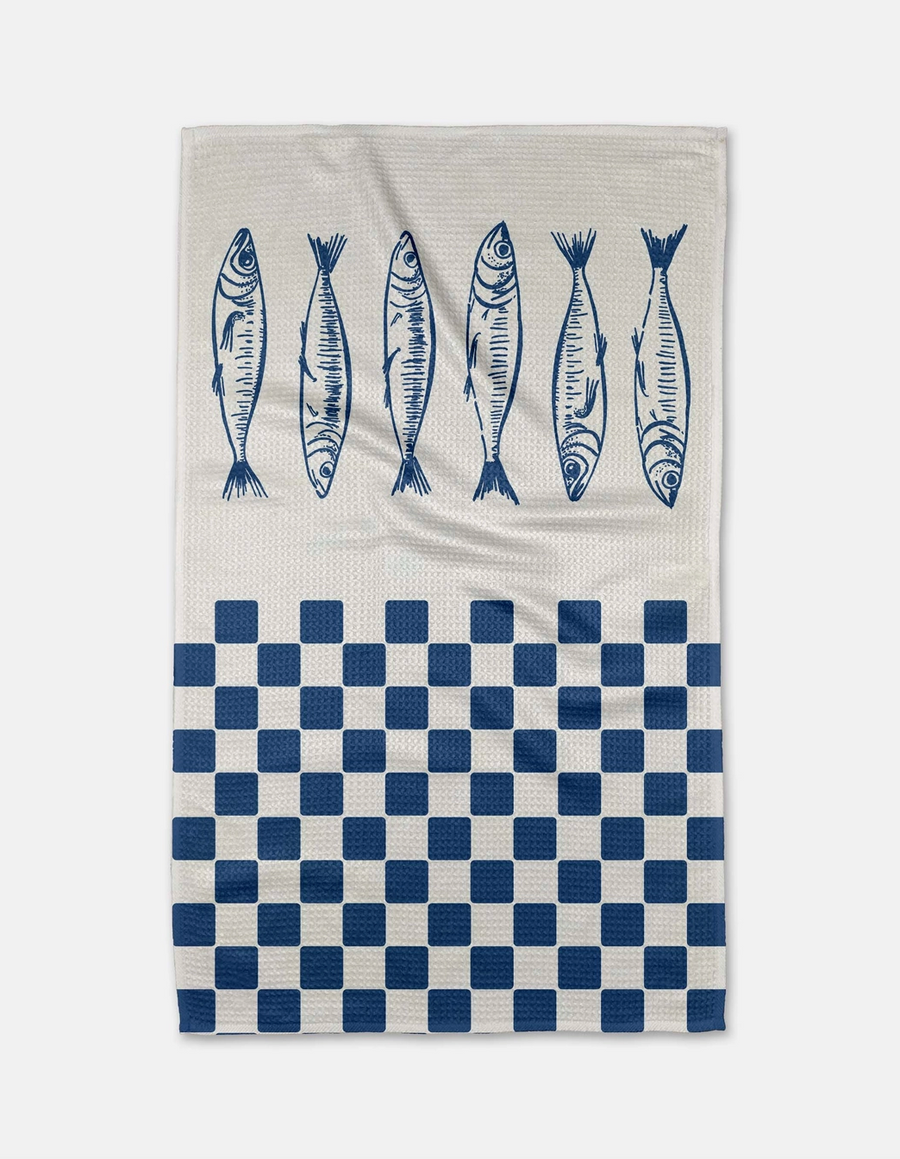 Sardines Check Blue Tea Towel