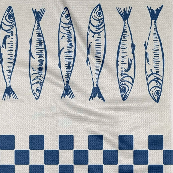 Sardines Check Blue Tea Towel