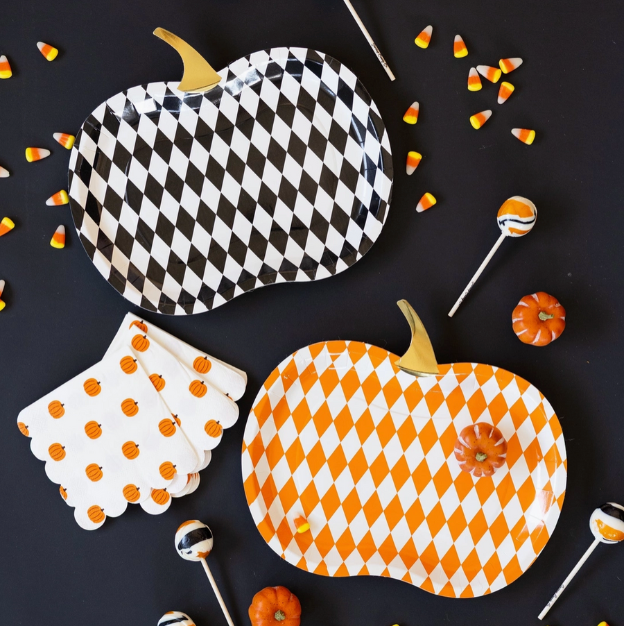 Harlequin Pumpkin Shaped Paper Plates